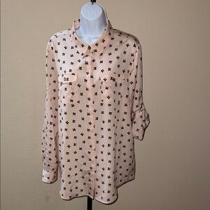 Karl Lagerfeld Blush Button Down Shirt with Black Bow Pattern Women’s Size XL